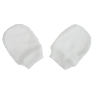 Detailed close-up showing the soft white knitted texture of newborn baby scratch mittens