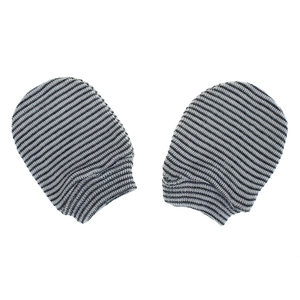 Detail of grey and black striped infant mittens with elastic cuffs on a white background