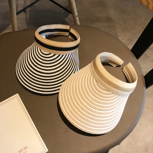 Striped straw sun visor hats in black and beige for women summer beach protection