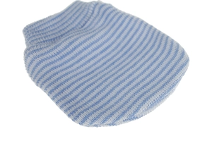 Detailed view showing a soft blue and white striped knitted baby mitten for newborns.