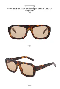 Detail view of tortoiseshell frame and tea lenses on retro rectangular sunglasses