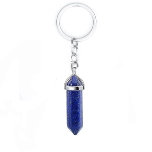 Natural blue sodalite hexagonal crystal point keychain with silver metal ring and chain