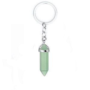 Natural green crystal hexagonal column pendant keychain with polished metal ring for women