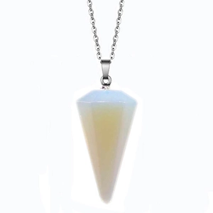 Macro detail of hexagonal opal gemstone pendant with silver cone-shaped setting on white background