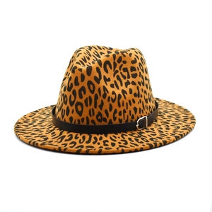 Stylish leopard print wool fedora hat with a wide brim and black belt buckle decor