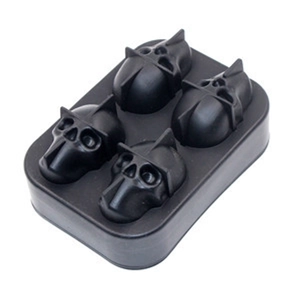 Detail view of 4-cavity black silicone ice mold featuring unique skull-shaped designs