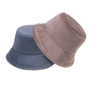 Thick plush bucket hat in grey-blue and mauve colors with soft faux fur texture