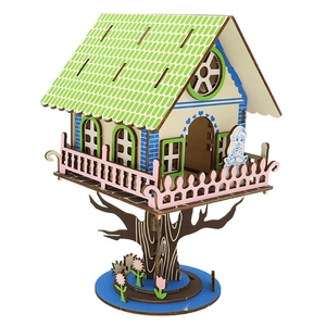 DIY 3D wooden tree house puzzle for children featuring green roof and colorful railings