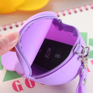 Cute purple silicone baseball cap coin purse with metal keychain and zipper closure