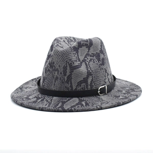 Detailed close-up of grey snakeskin pattern wool fedora with black leather belt buckle