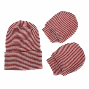 Detail of red and white striped knit baby hat and matching gloves set on white background
