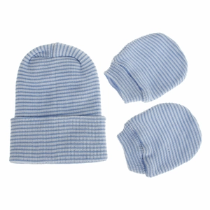 Close-up of thick double-layered blue and white striped newborn baby hat and mittens set