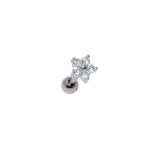 Stainless steel flower stud earrings with teardrop zirconia petals and ball screw back