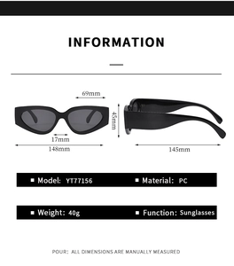 Detailed technical drawing of cat eye sunglasses showing frame dimensions and weight specs