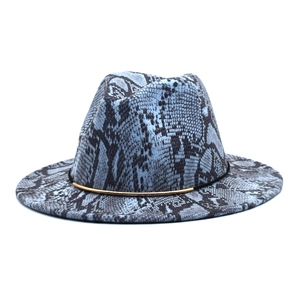 British style fedora hat with blue snake pattern and minimalist gold metal band detail