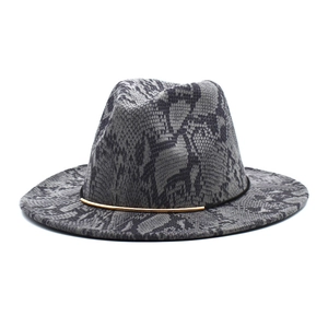 British style grey snake pattern felt fedora with gold metal buckle and flat wide brim