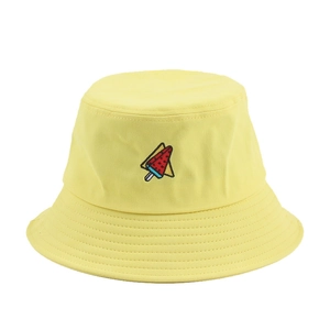 Yellow cotton bucket hat with watermelon embroidery and multi-stitch brim sun protection