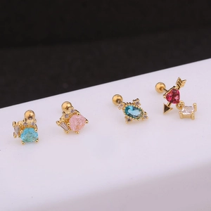 Colorful crystal stainless steel earrings in gold with heart and square gemstone designs