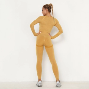 Rear view of seamless high waist yoga set showing butt-lifting texture and ginger color