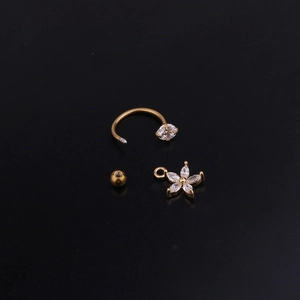 Three-piece gold C-shape ear cuff set with sparkling zircon flower pendant and ball stud