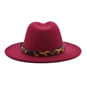 Classic wine red wool fedora hat with leopard print band and wide brim for winter fashion