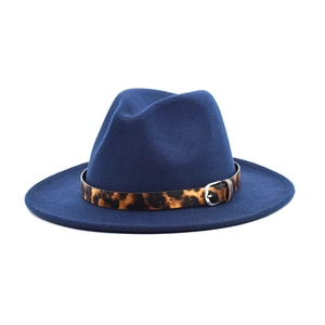 Classic navy blue wool fedora hat with a leopard print band and metal buckle detail