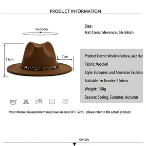 Brown wool fedora jazz hat with leopard print band and metal star buckle detail