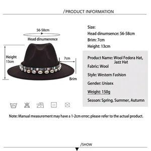 Brown wide brim wool fedora hat with woven ethnic band and shell trim for men and women