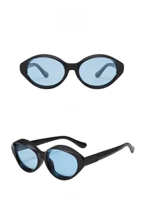 Front and side view of retro oval sunglasses with thick black frames and blue lenses