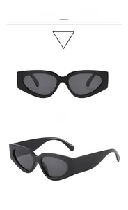 Front and side views of stylish black rectangle cat-eye sunglasses with grey lenses