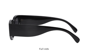 Side view of sleek black cat eye sunglasses with wide polished temples on white background
