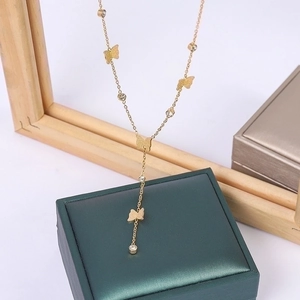 Elegant gold titanium steel butterfly tassel necklace with sparkling crystals for women
