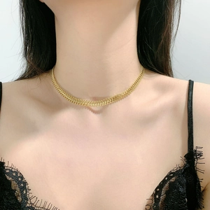 Detail of 18K gold double layer stainless steel chain necklace on model neck