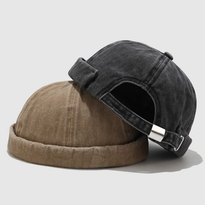 Vintage washed canvas miki hats in dark grey and khaki with adjustable metal buckle