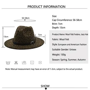 Leopard print wool fedora hat with flat brim and size chart for men and women