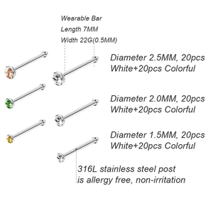 316L stainless steel L-shaped nose studs in 1.5mm to 2.5mm sizes with colorful crystals