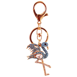 Creative flamingo keychain with blue and pink rhinestones on a gold metal frame