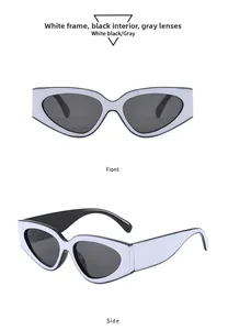 Detailed front and side views of cat eye sunglasses with white-black frames and gray lenses