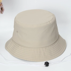 Quick-dry beige sun bucket hat with adjustable chin strap for outdoor protection