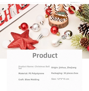 Detail of red and silver Christmas ball ornaments in a 30-piece festive gift set