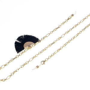 Golden metal glasses chain with black fan-shaped tassel and non-slip rubber ends