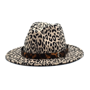 Classic wide brim leopard print wool fedora hat with a decorative buckled leather belt