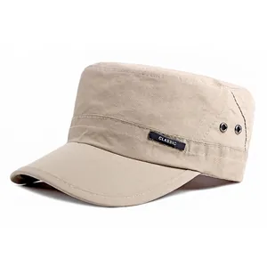 Classic khaki flat top cadet cap with breathable eyelets and ripstop fabric texture