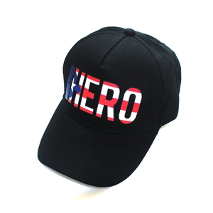 Macro view of black baseball cap with HERO letter print and flag texture details