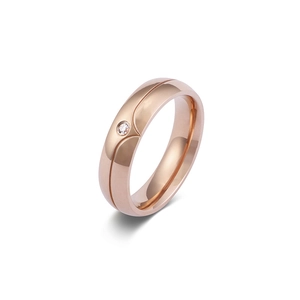 Minimalist rose gold titanium steel ring featuring a single inset zircon for couples