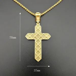 70mm gold plated titanium steel cross pendant necklace with textured diamond pattern