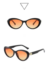 Detail of cat eye sunglasses with orange gradient lenses and golden leopard metal decor