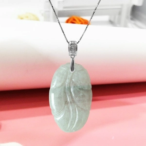 S925 sterling silver pinch bail clasp with a carved light green jade leaf pendant