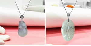 Detail of S925 sterling silver pinch bails with lavender gourd and green leaf jade pendants