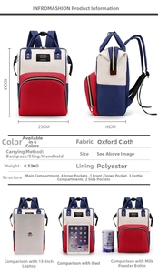 Detailed chart showing oxford fabric diaper bag dimensions 40x25x16cm and internal capacity
